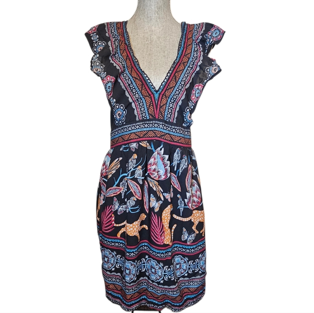 Anthropologie Floral Print V-Neck Mini Dress in Black and Multi